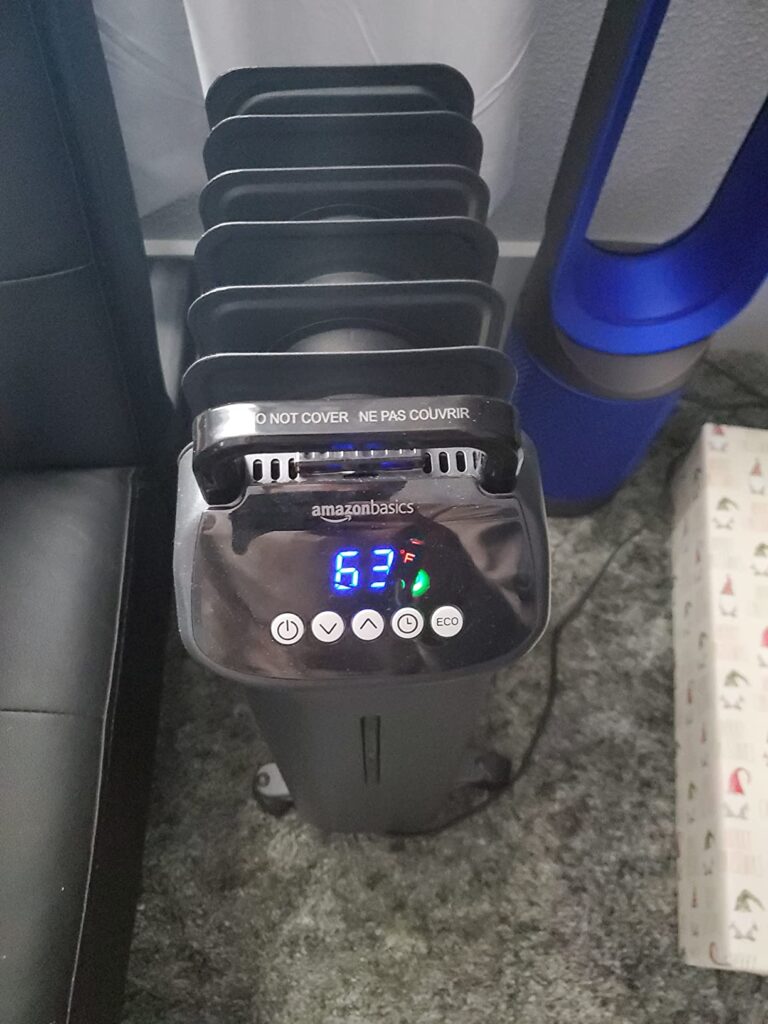 Amazon Basics oil filled radiator heater controls — LED temperature display with ECO and timer buttons