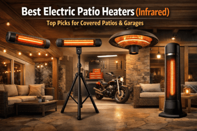 infrared electric patio heaters (wall-mounted bar, tripod heater, ceiling-mounted heater, and tower heater) in a covered patio/garage
