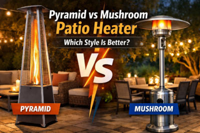 Pyramid vs Mushroom patio heater comparison graphic showing a pyramid glass-tube flame heater on the left and a mushroom reflector-top heater on the right, with the headline “Which Style Is Better?” over a cozy outdoor patio background.