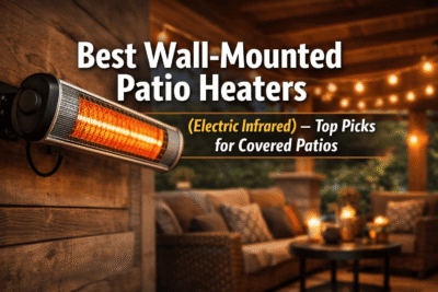 Wall-mounted electric infrared patio heater glowing on a covered patio with string lights.