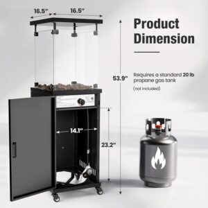Pamapic patio heater dimensions shown at 16.5 in x 16.5 in x 53.9 in, cabinet fits a standard 20 lb propane tank (not included)
