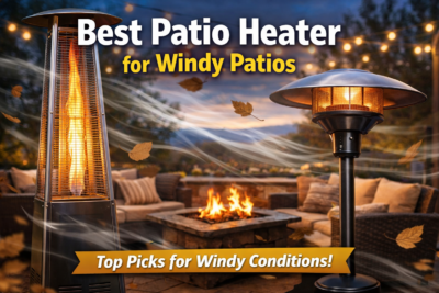 Best patio heater for windy patios — pyramid and mushroom propane heaters on an outdoor patio at night.