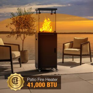 41,000 BTU Pamapic patio fire heater glowing on an outdoor patio at sunset, CSA certified