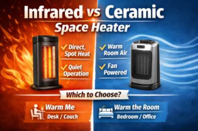 Infrared vs ceramic space heater graphic showing infrared for quiet spot heating and ceramic for fan-powered room warming