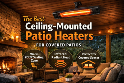 glowing infrared heater mounted under a wooden covered patio ceiling above a cozy outdoor seating area with a stone fireplace