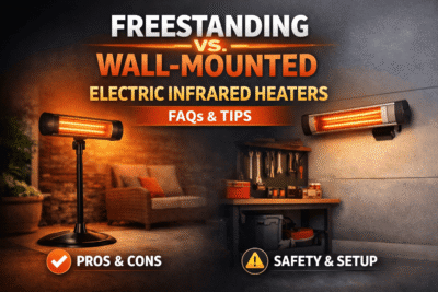 Freestanding vs wall-mounted electric infrared heaters preview image showing a patio stand heater on the left and a wall-mounted garage heater over a workbench on the right.