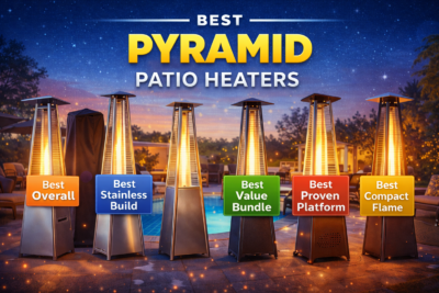 five pyramid-style propane patio heaters glowing at dusk beside a pool