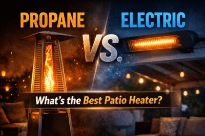 Split graphic comparing propane vs electric patio heaters, with a flame tower on the left and an infrared heater on the right.