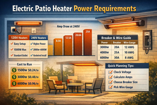 Electric patio heater power requirements infographic showing 120V vs 240V heaters, amp draw chart, breaker and wire guide, operating cost examples, and patio planning tips in a cozy outdoor setting.