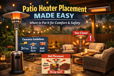 Patio heater placement guide graphic with propane and mounted electric heaters.