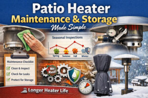 Patio heater maintenance and storage guide graphic showing a patio heater being cleaned, a seasonal inspection chart, a maintenance checklist, and covered heater storage in winter.