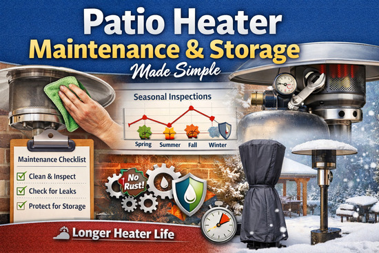 Patio heater maintenance and storage guide graphic showing a patio heater being cleaned, a seasonal inspection chart, a maintenance checklist, and covered heater storage in winter.