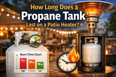 Patio heater and propane tank with burn time chart on outdoor patio at night.
