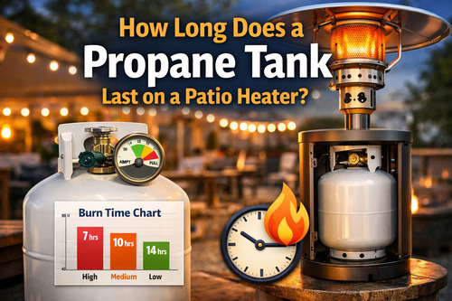 Patio heater and propane tank with burn time chart on outdoor patio at night.