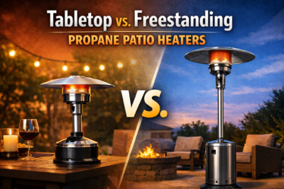 Tabletop vs freestanding propane patio heater comparison graphic with a small tabletop heater on an outdoor table and a tall freestanding patio heater on a patio at dusk.