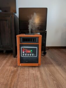 DR. Infrared Heater DR-998 review image showing humidifier mist and compact cabinet design