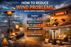 Patio heater wind problems graphic showing a freestanding heater in strong wind, a mounted infrared heater, a sheltered seating area, and a simple decision flow for better placement and windbreaks.