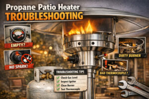 Propane patio heater troubleshooting graphic showing a freestanding heater with common problem callouts like empty tank, no spark, dirty burner, and bad thermocouple.