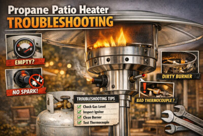 Propane patio heater troubleshooting graphic showing a freestanding heater with common problem callouts like empty tank, no spark, dirty burner, and bad thermocouple.