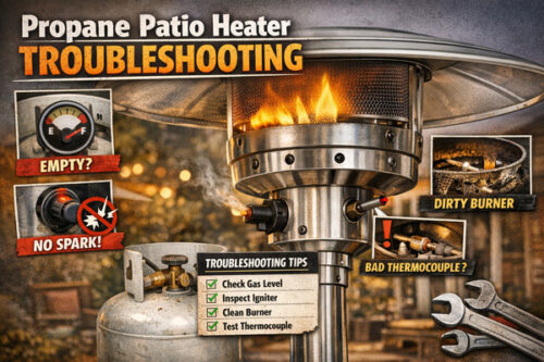Propane patio heater troubleshooting graphic showing a freestanding heater with common problem callouts like empty tank, no spark, dirty burner, and bad thermocouple.