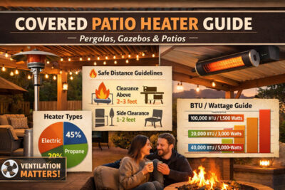 Covered patio heater guide graphic showing a pergola with a freestanding propane heater, a mounted electric infrared heater, safety clearance reminders, ventilation note, and a cozy outdoor seating area at dusk.