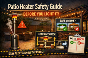 Patio Heater Safety Guide infographic with a propane patio heater and safety tips for clearance, leak checks, and proper outdoor use.