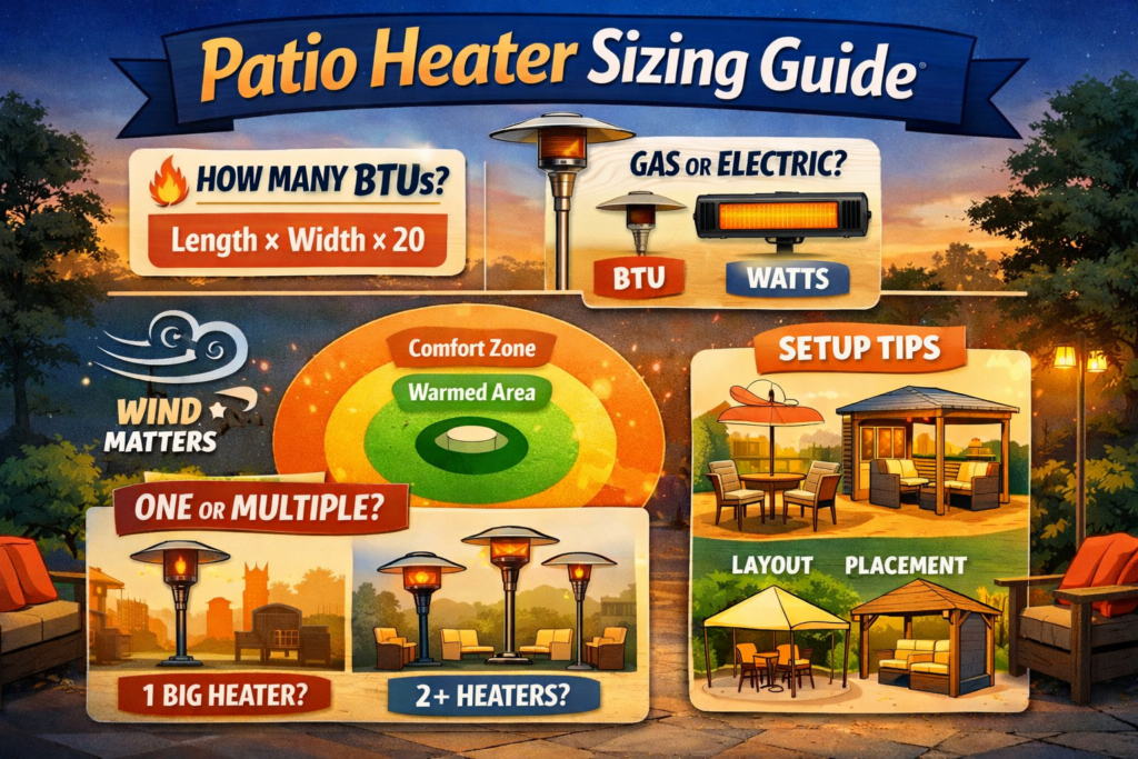 Patio heater sizing guide infographic preview with BTU, coverage, and setup tips.