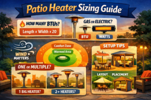 Patio heater sizing guide infographic preview with BTU, coverage, and setup tips.