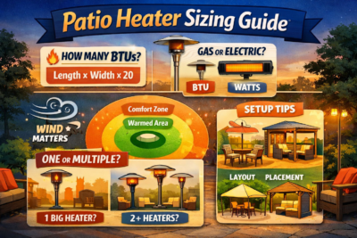 Patio heater sizing guide infographic preview with BTU, coverage, and setup tips.