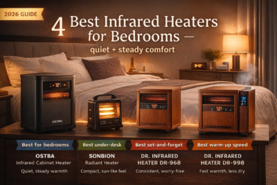 Bedroom graphic showing four infrared heaters with labels for quiet comfort and different best-use picks.