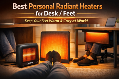 Personal radiant heaters warming feet under office desks.