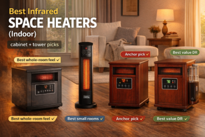 Four indoor infrared space heaters in a cozy living room with labeled pick badges and article title text.