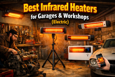 Infrared heaters in a garage workshop with mechanic and car.