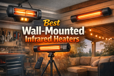 Electric infrared patio heaters glowing on a cozy outdoor patio at night.
