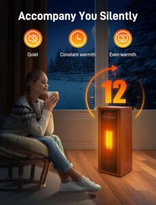 Woman sitting by a window at night next to a walnut Air Choice infrared space heater, highlighting quiet operation, constant warmth, even heat, and a 12-hour timer.
