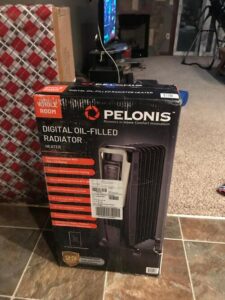 PELONIS PH-14A digital oil-filled radiator heater retail box with feature list