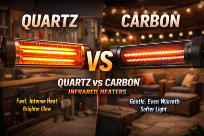Quartz vs carbon infrared heaters comparison graphic with glowing heater bars.