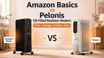 Amazon Basics vs Pelonis oil-filled radiator heaters comparison graphic.