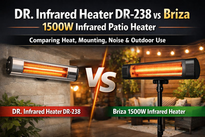DR-238 vs Briza infrared patio heater comparison banner with mounted and tripod heaters.