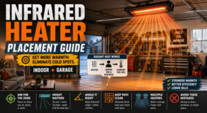 Infrared heater placement guide thumbnail showing indoor and garage heating zones.