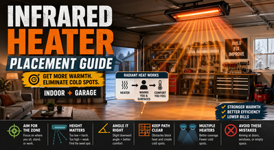 Infrared heater placement guide thumbnail showing indoor and garage heating zones.