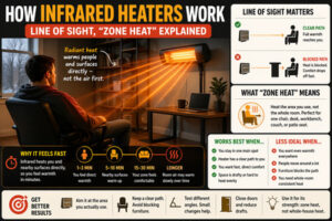 Infrared heater warming a seated person, showing line-of-sight and zone heat.