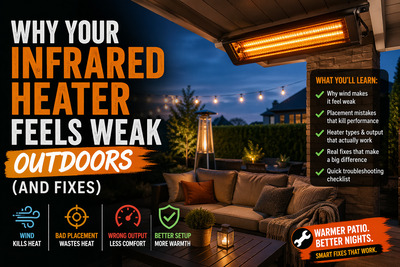 Why infrared heater feels weak outdoors on a covered patio at night
