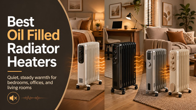 Oil-filled radiator heaters in cozy bedroom, office, and living room settings with warm glow.