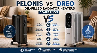 Pelonis vs DREO oil-filled radiator heaters comparison graphic for bedrooms and offices.