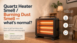 Quartz heater with burning dust smell warning signs in a living room