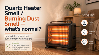 Quartz heater with burning dust smell warning signs in a living room