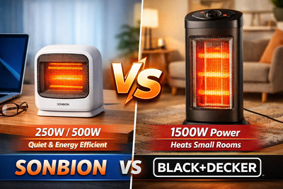 SONBION vs BLACK+DECKER space heater comparison preview image with both heaters side by side in a warm indoor room.