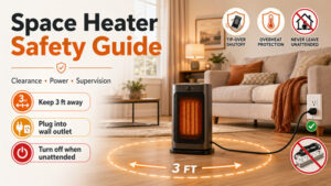 Space heater safety guide with 3-foot clearance, wall outlet, and shutoff tips in a cozy living room.