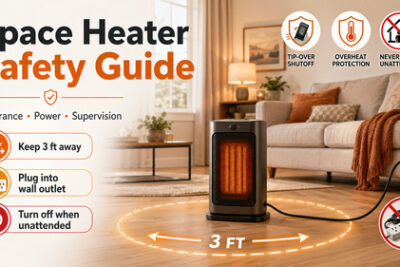 Space heater safety guide with 3-foot clearance, wall outlet, and shutoff tips in a cozy living room.